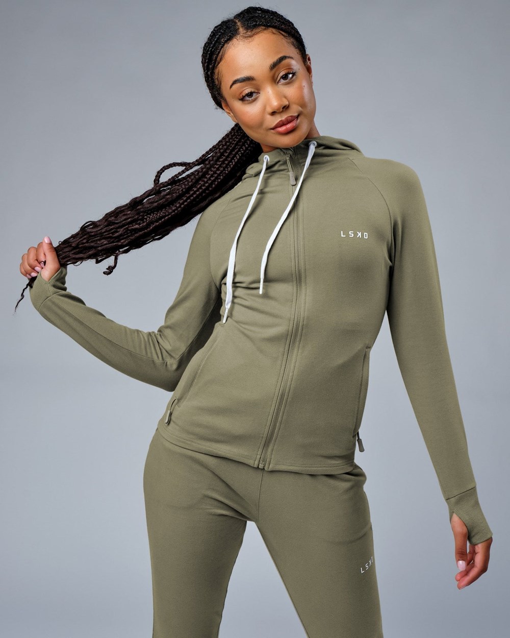 Dusty Olive LSKD PB Zip Through Hoodie | PJ5792061