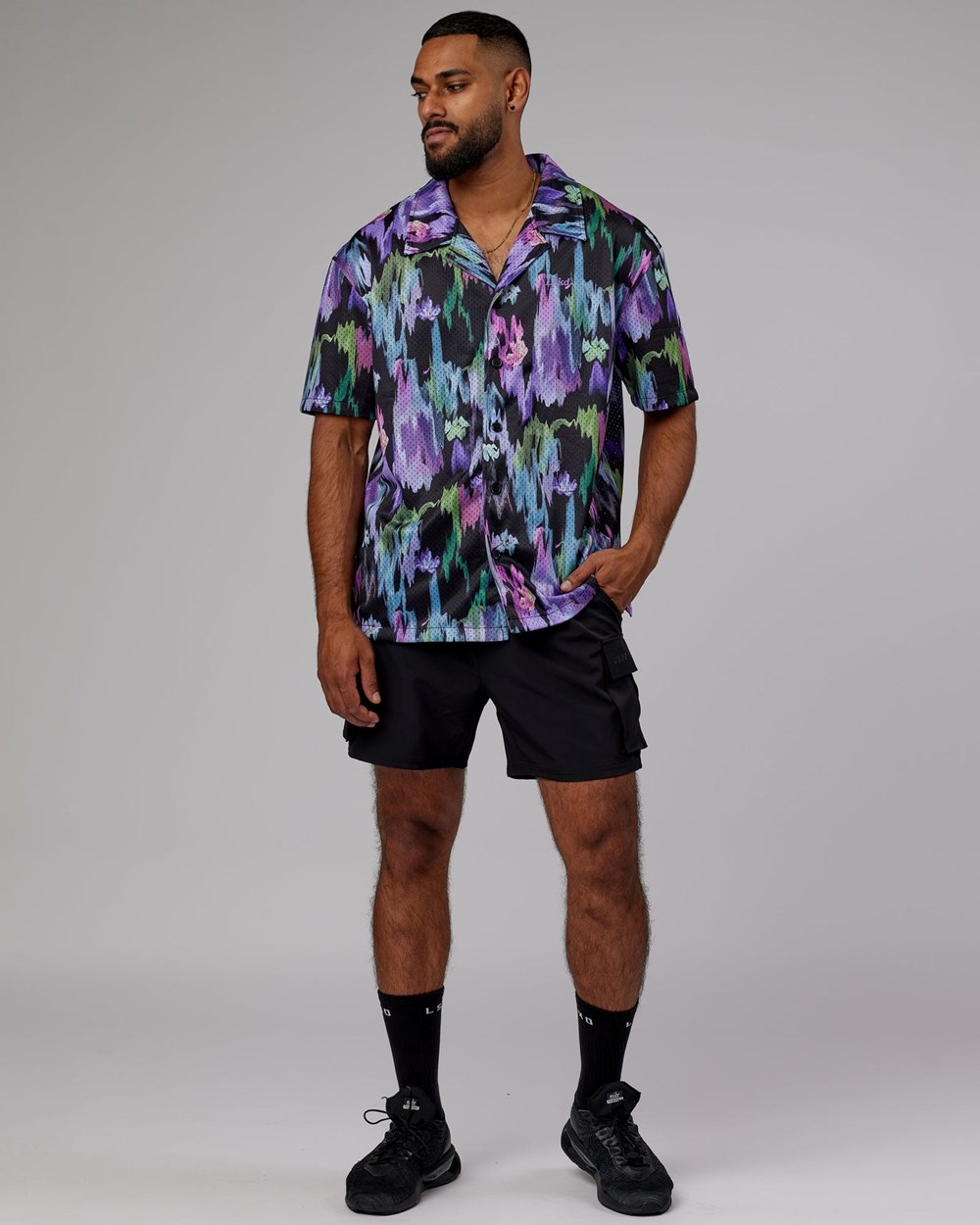 Hyper Floral Black LSKD Expression Short Sleeve Mesh Shirt | OD3518649