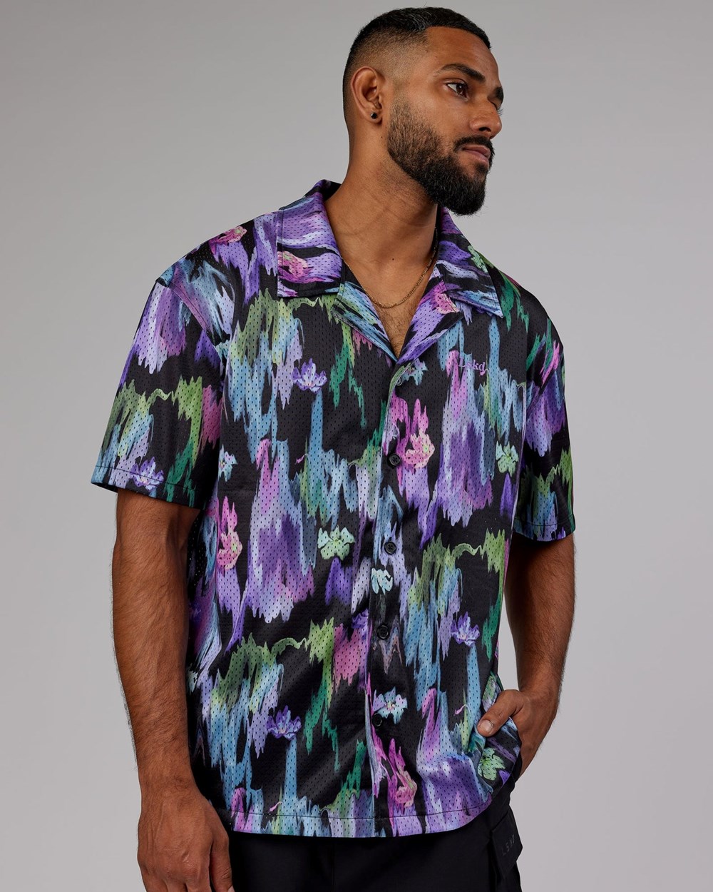 Hyper Floral Black LSKD Expression Short Sleeve Mesh Shirt | OD3518649